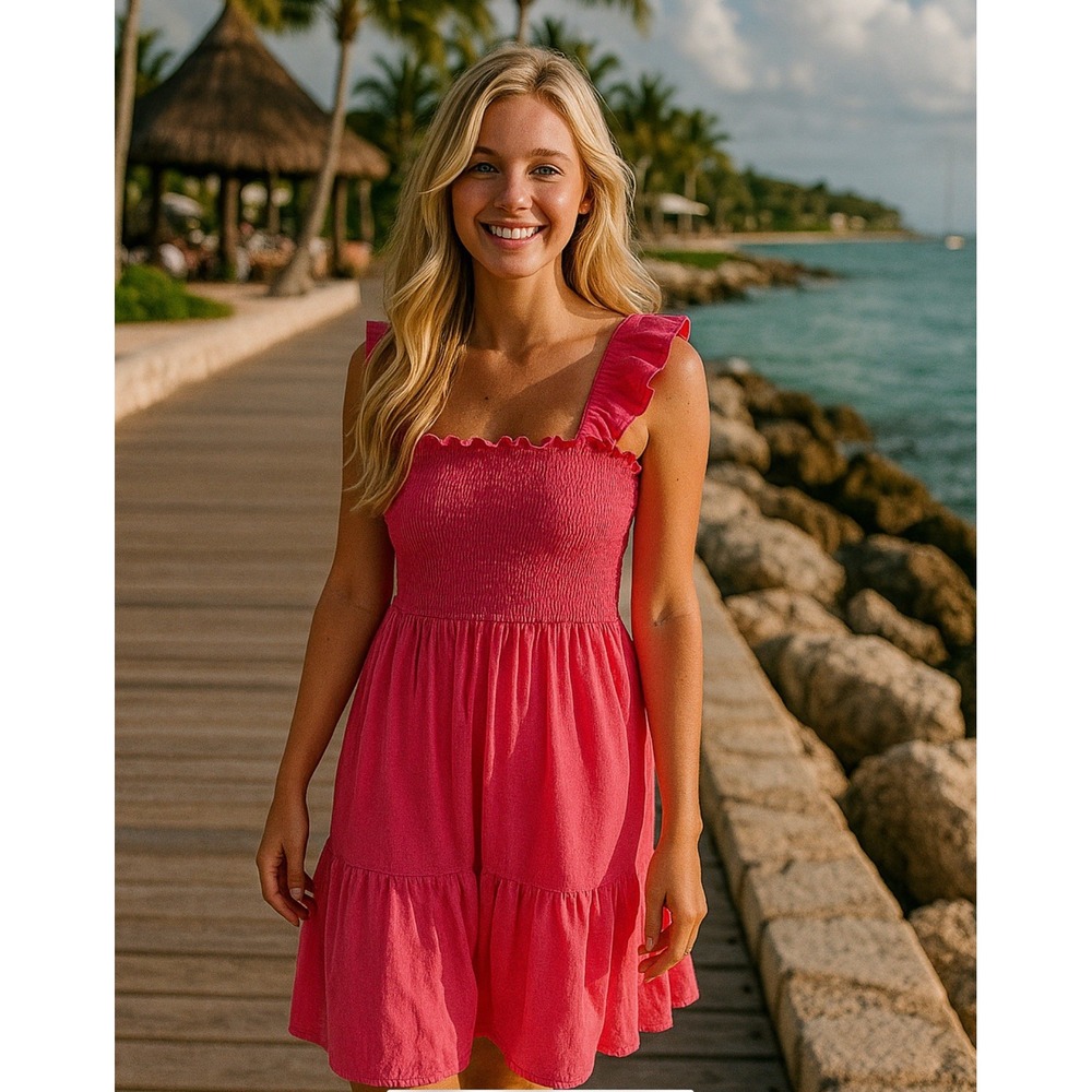 UVN Smocked Sleeveless Dress‎ Women's Size M Pink Vacation Tropical Cruise